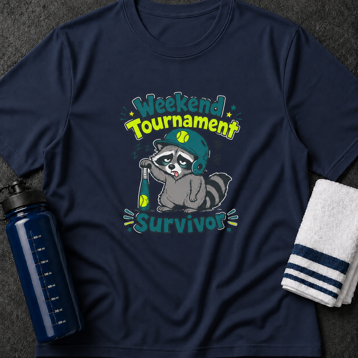 Weekend Tournament Survivor T-Shirt — Cute Raccoon Baseball Design