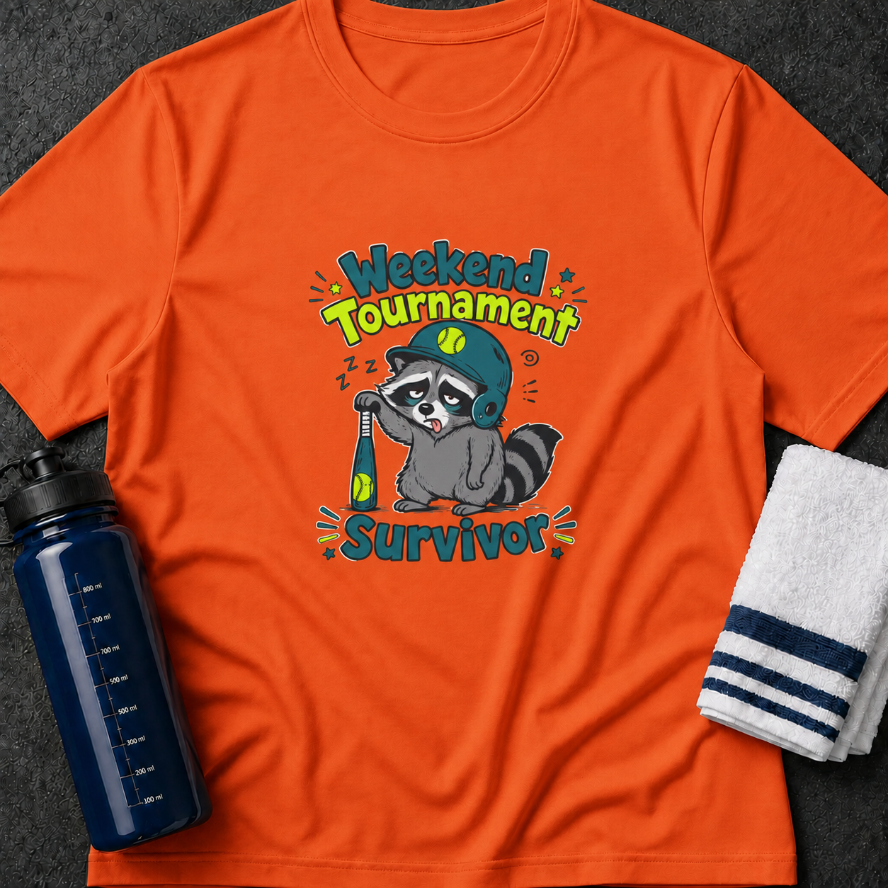 Weekend Tournament Survivor T-Shirt — Cute Raccoon Baseball Design