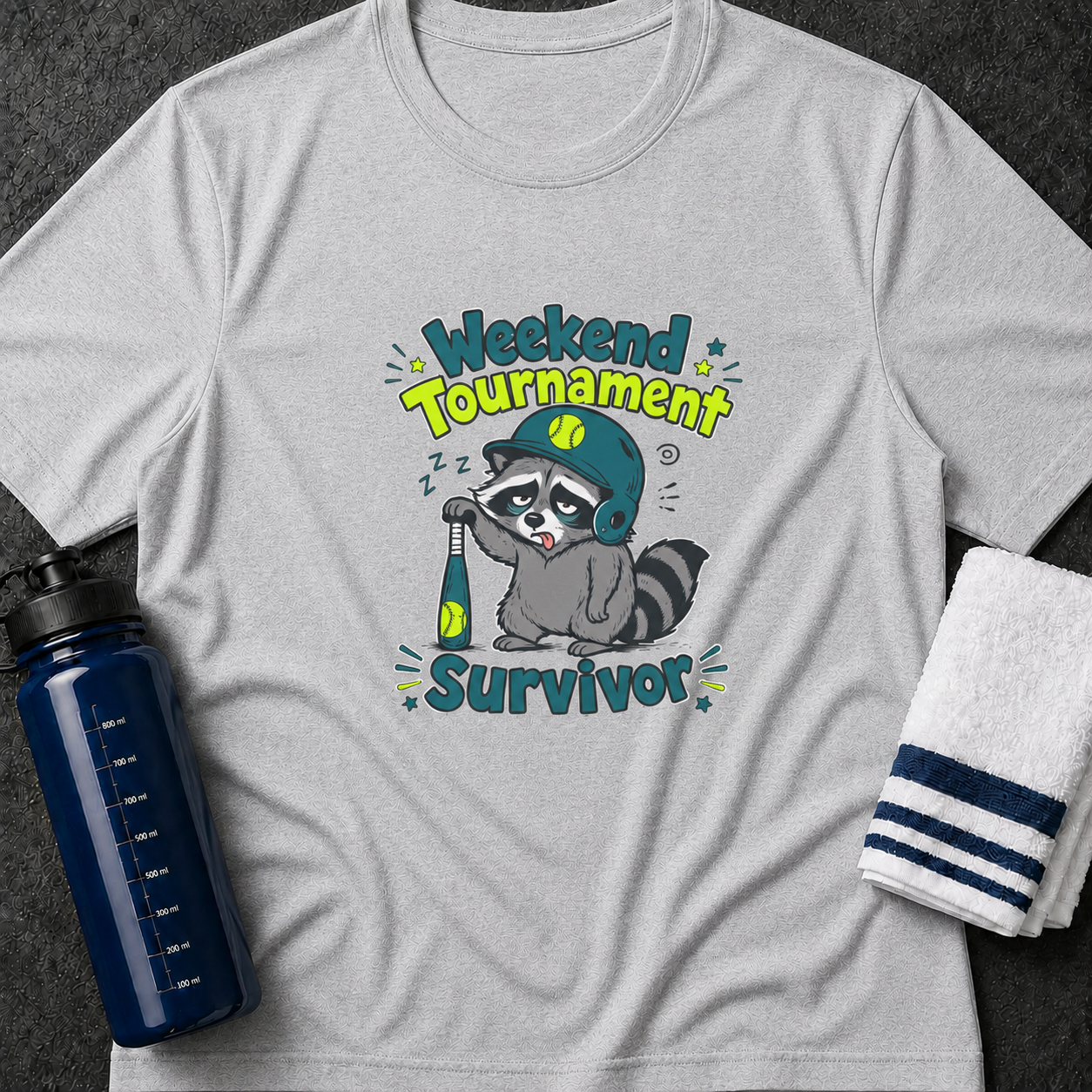 Weekend Tournament Survivor T-Shirt — Cute Raccoon Baseball Design