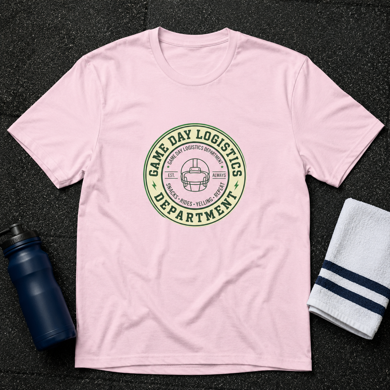 Game Day Logistics T-Shirt — Football Helmet Vintage Badge Tee