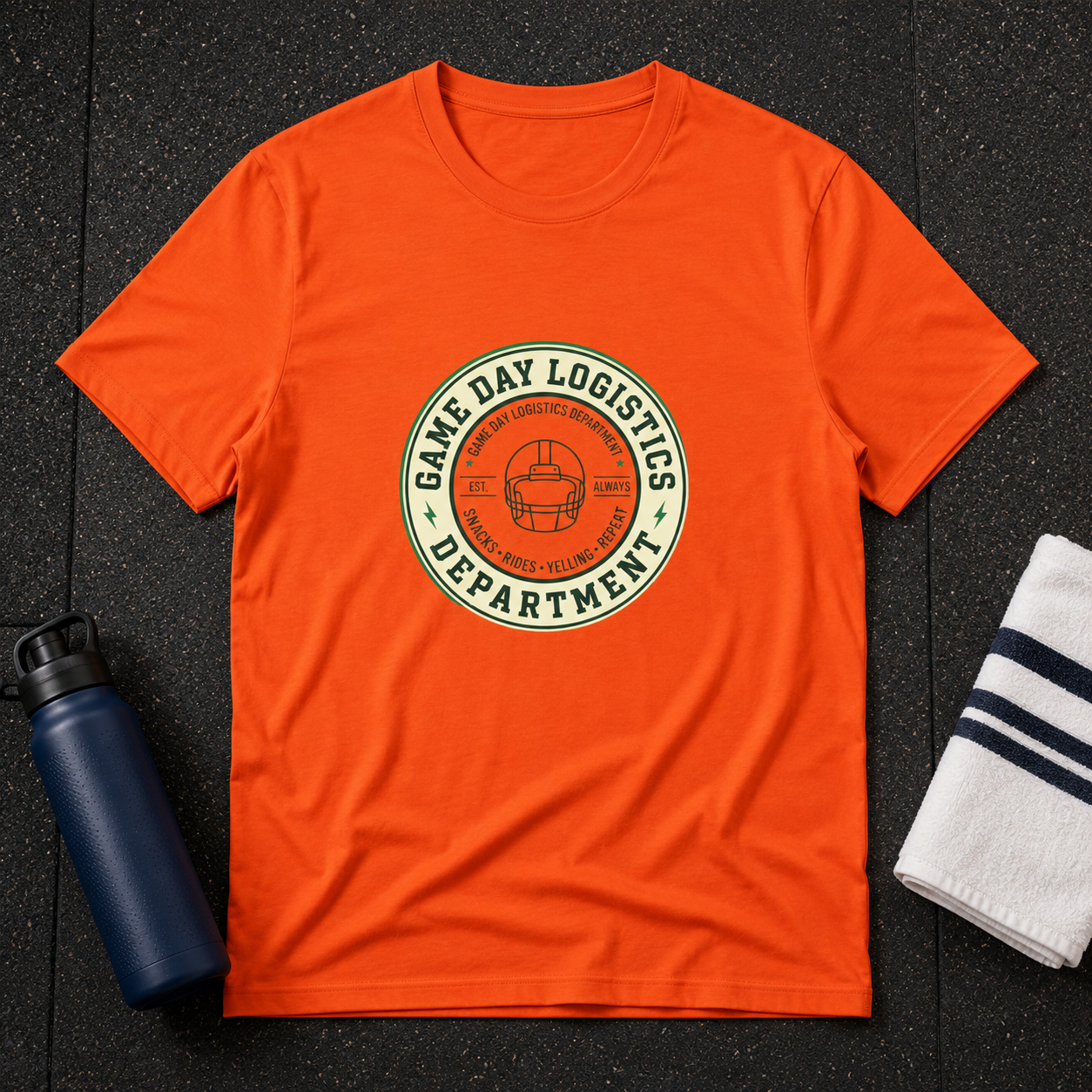 Game Day Logistics T-Shirt — Football Helmet Vintage Badge Tee