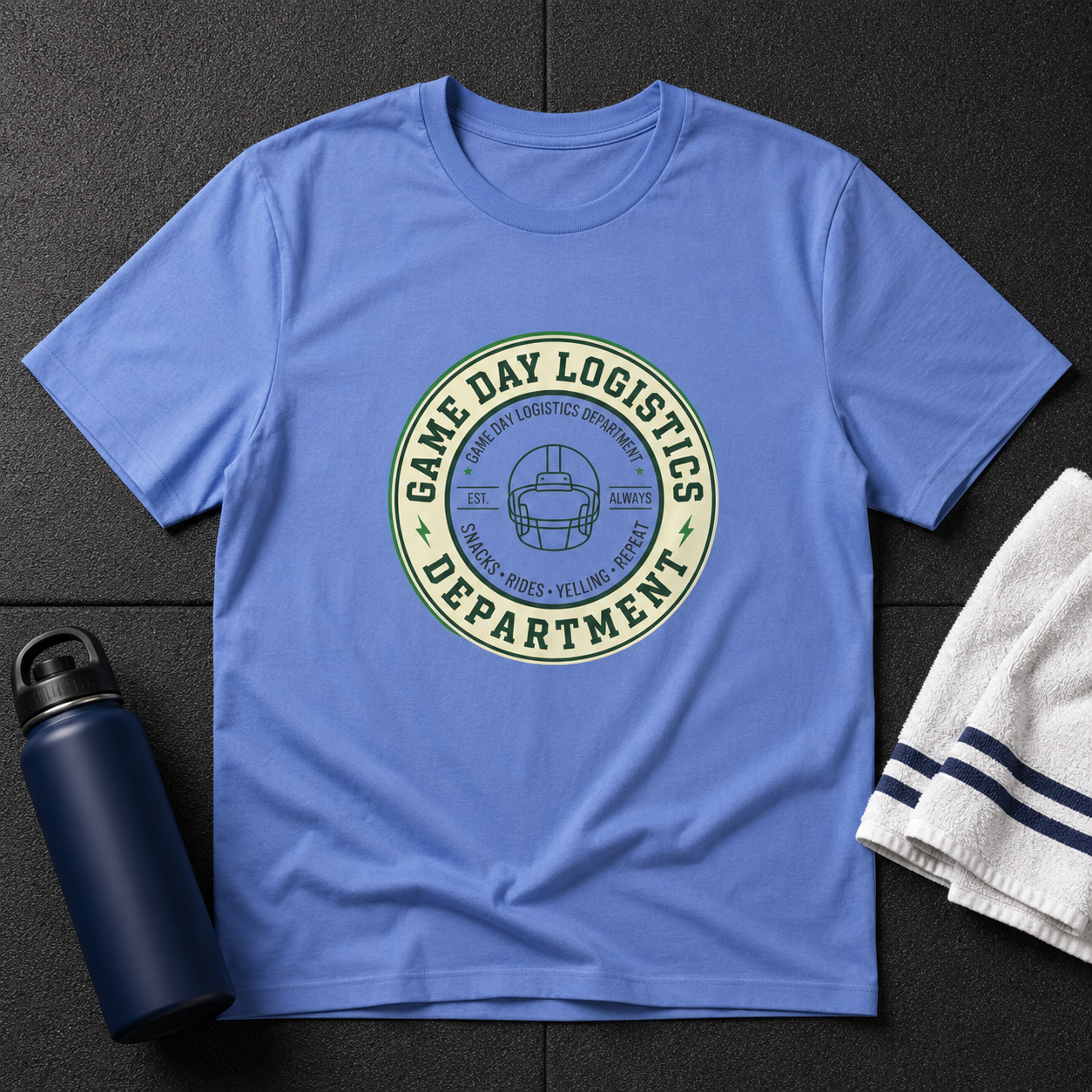 Game Day Logistics T-Shirt — Football Helmet Vintage Badge Tee