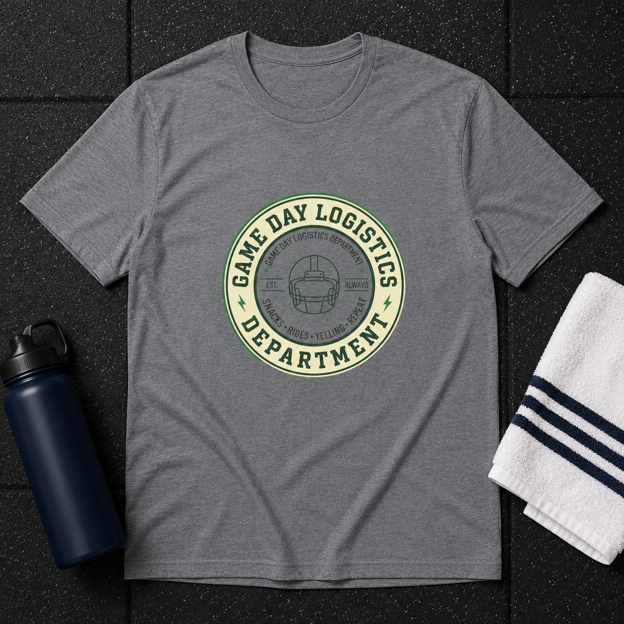 Game Day Logistics T-Shirt — Football Helmet Vintage Badge Tee