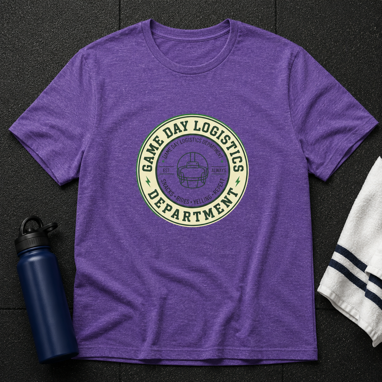 Game Day Logistics T-Shirt — Football Helmet Vintage Badge Tee