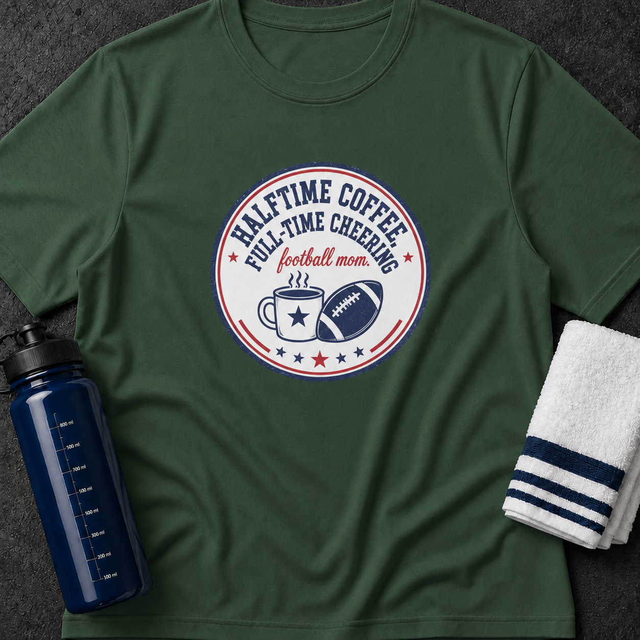 Football Mom T-Shirt – "Halftime Coffee Full-Time Cheering" Fan Tee