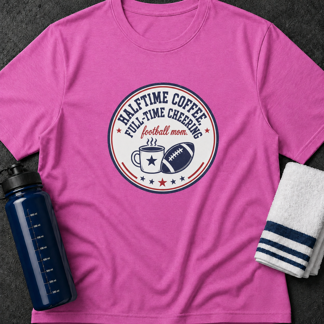 Football Mom T-Shirt – "Halftime Coffee Full-Time Cheering" Fan Tee