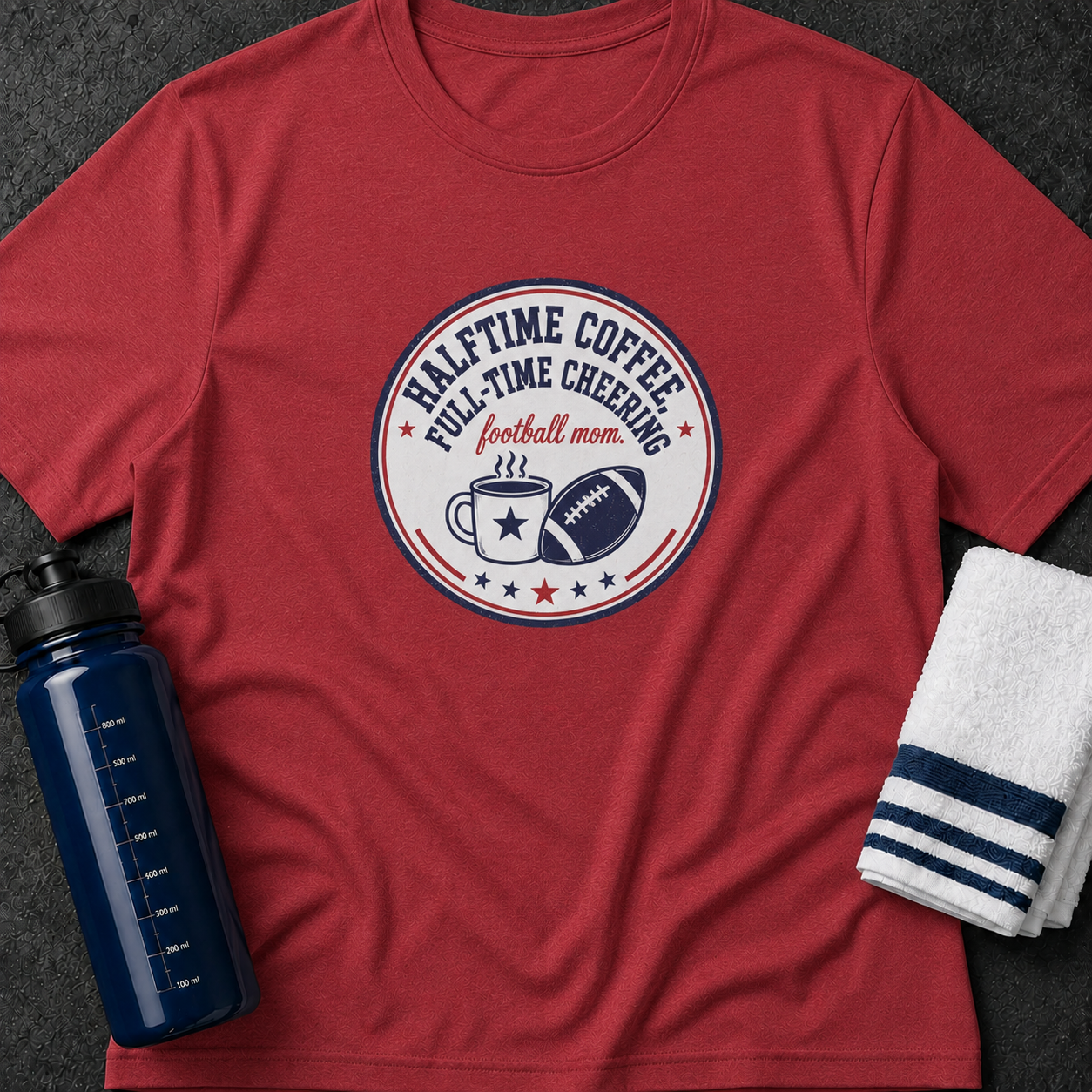 Football Mom T-Shirt – "Halftime Coffee Full-Time Cheering" Fan Tee