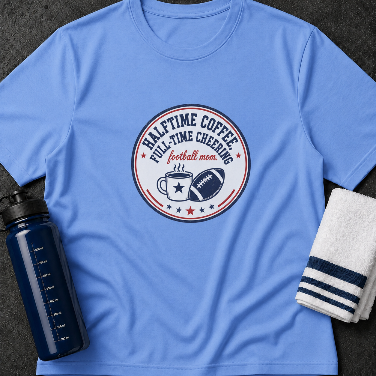 Football Mom T-Shirt – "Halftime Coffee Full-Time Cheering" Fan Tee