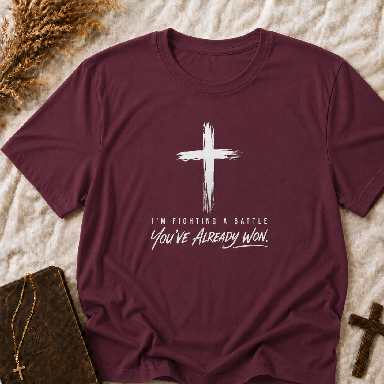 Christian Cross T-Shirt — "I'm Fighting a Battle, You've Already Won" Inspirational Faith Tee