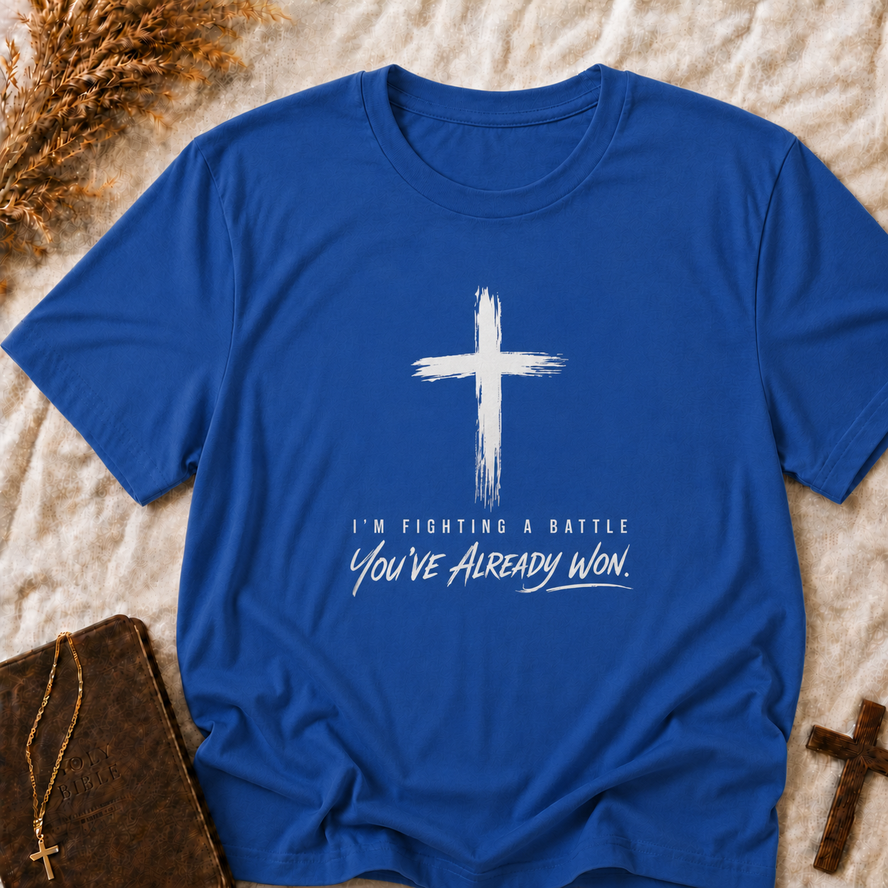 Christian Cross T-Shirt — "I'm Fighting a Battle, You've Already Won" Inspirational Faith Tee