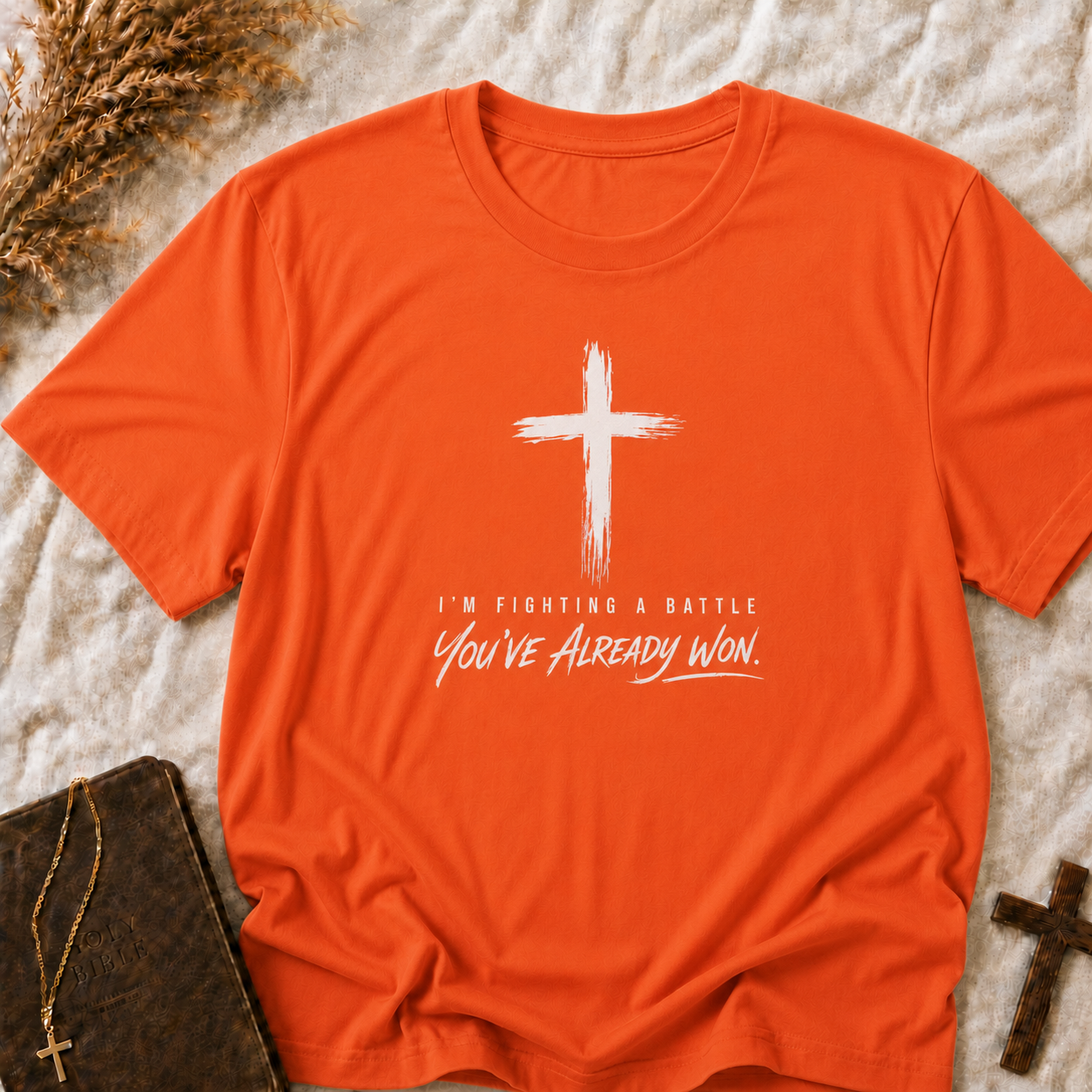 Christian Cross T-Shirt — "I'm Fighting a Battle, You've Already Won" Inspirational Faith Tee
