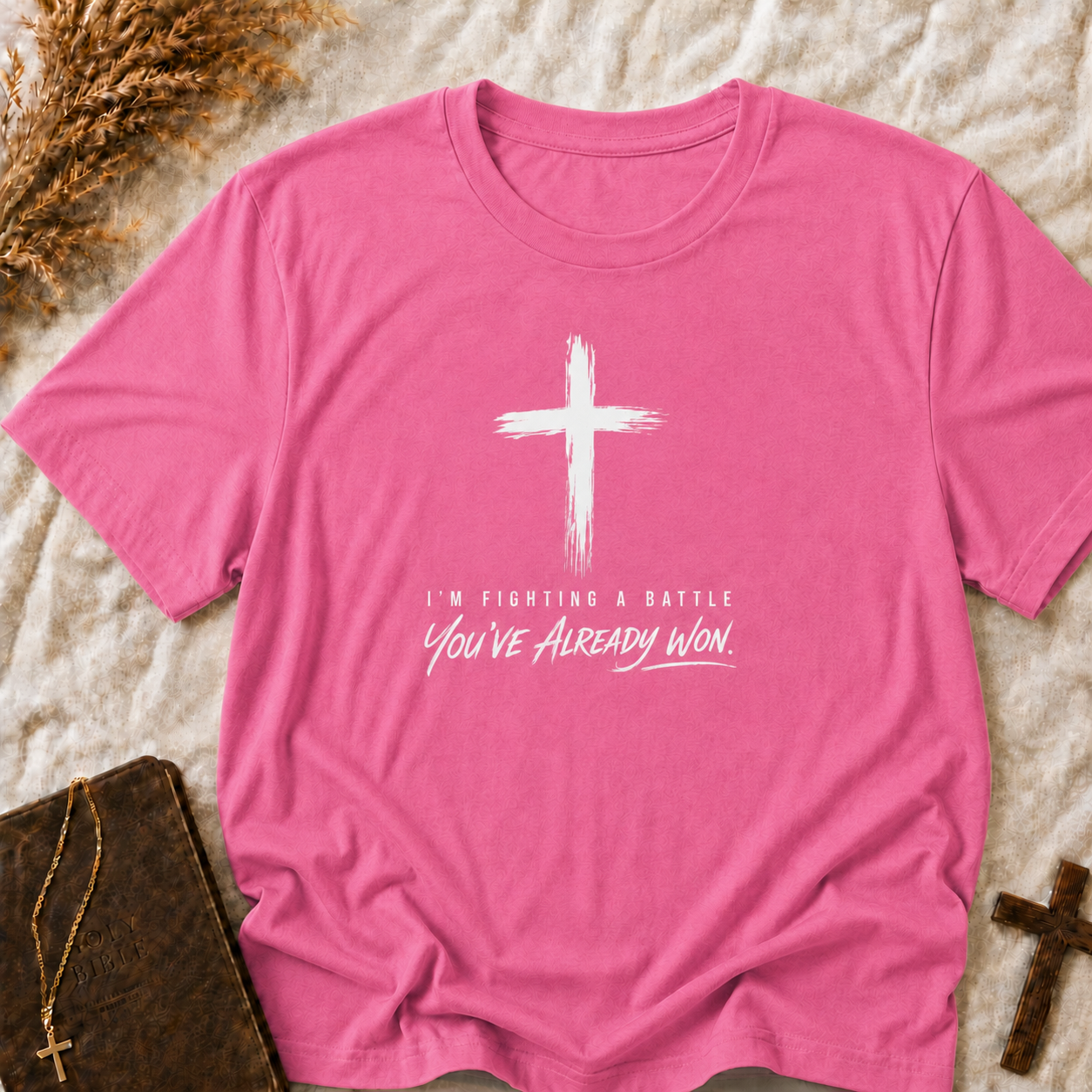 Christian Cross T-Shirt — "I'm Fighting a Battle, You've Already Won" Inspirational Faith Tee