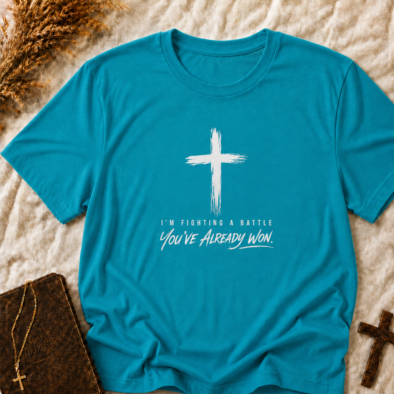 Christian Cross T-Shirt — "I'm Fighting a Battle, You've Already Won" Inspirational Faith Tee