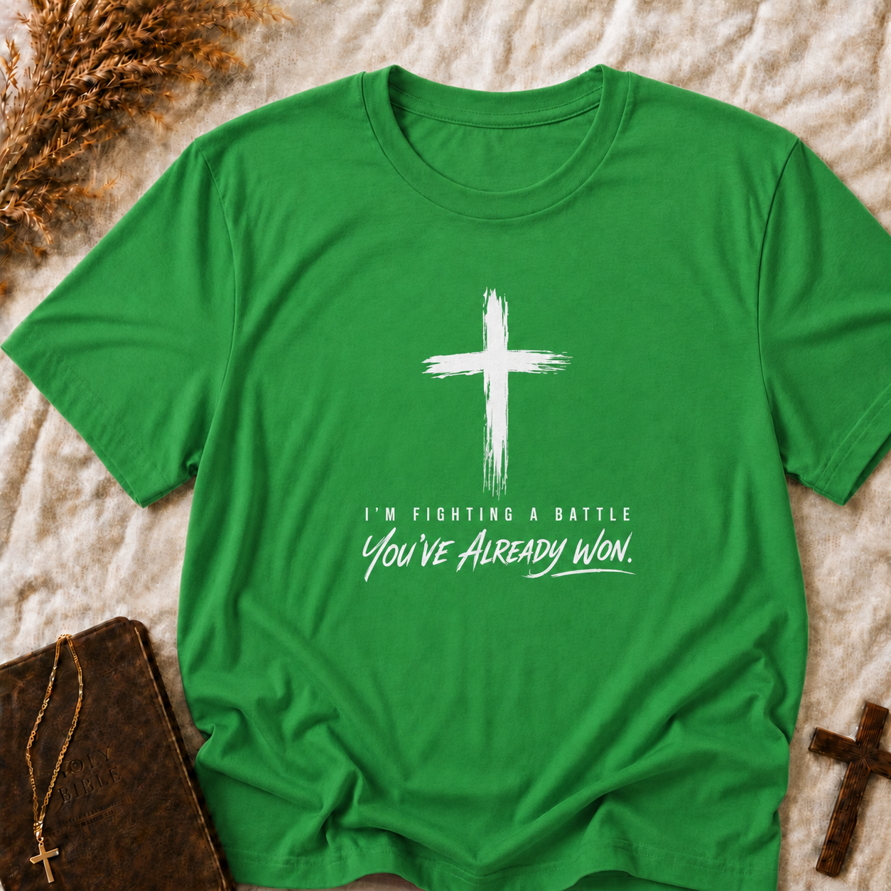 Christian Cross T-Shirt — "I'm Fighting a Battle, You've Already Won" Inspirational Faith Tee