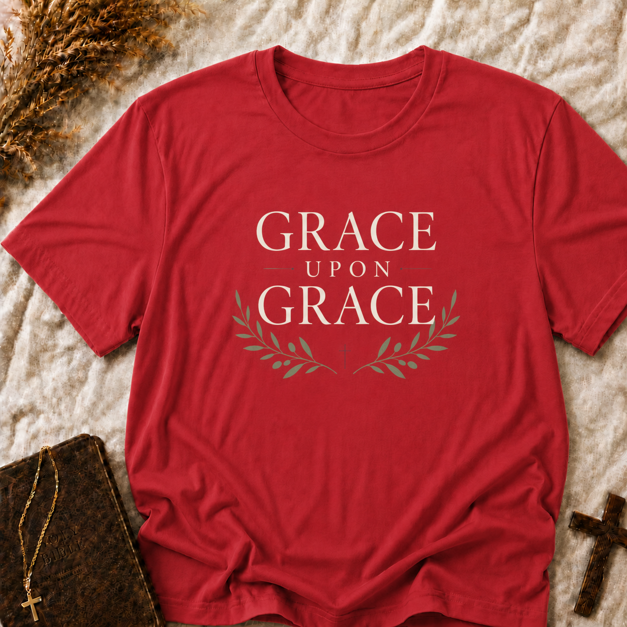 Grace Upon Grace T-Shirt — Inspirational Christian Tee with Olive Branch Design