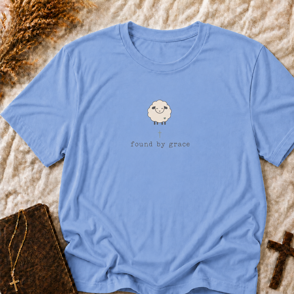 Sheep Graphic T-Shirt — "Found by Grace" Cute Farm Animal Tee