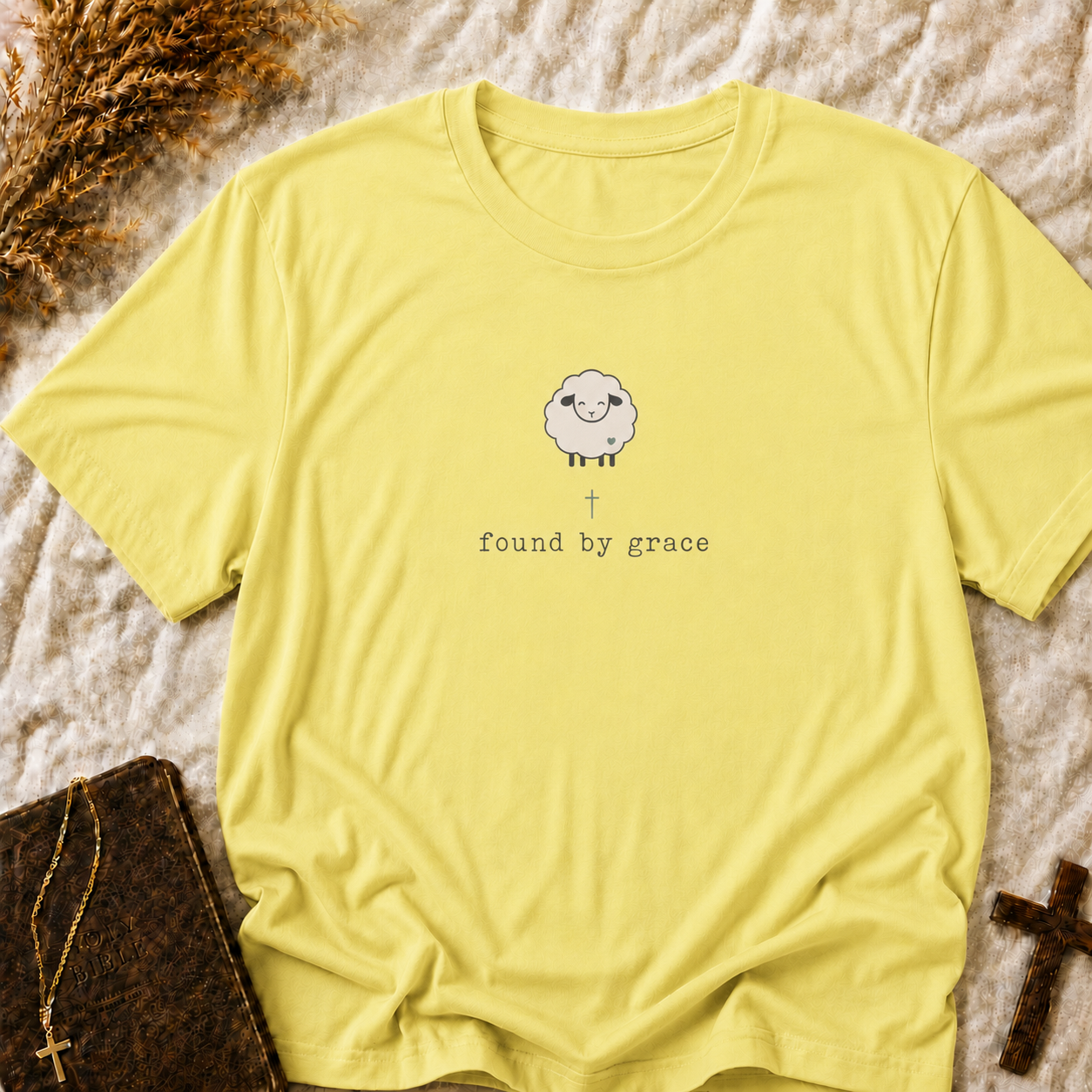 Sheep Graphic T-Shirt — "Found by Grace" Cute Farm Animal Tee