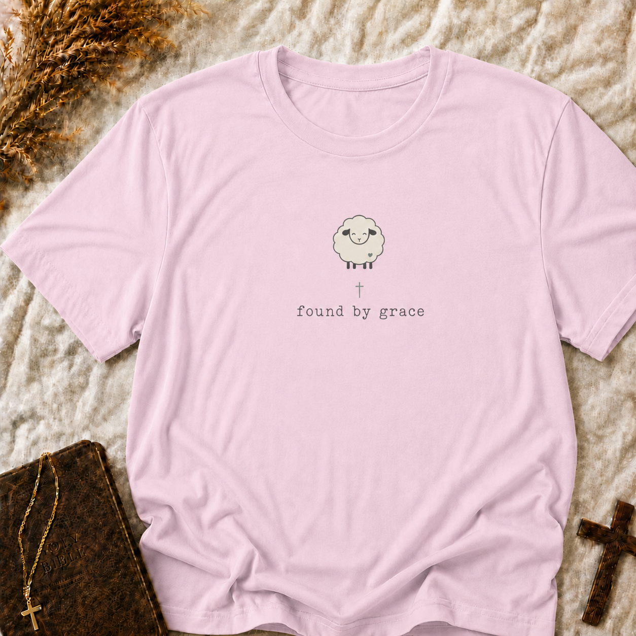 Sheep Graphic T-Shirt — "Found by Grace" Cute Farm Animal Tee