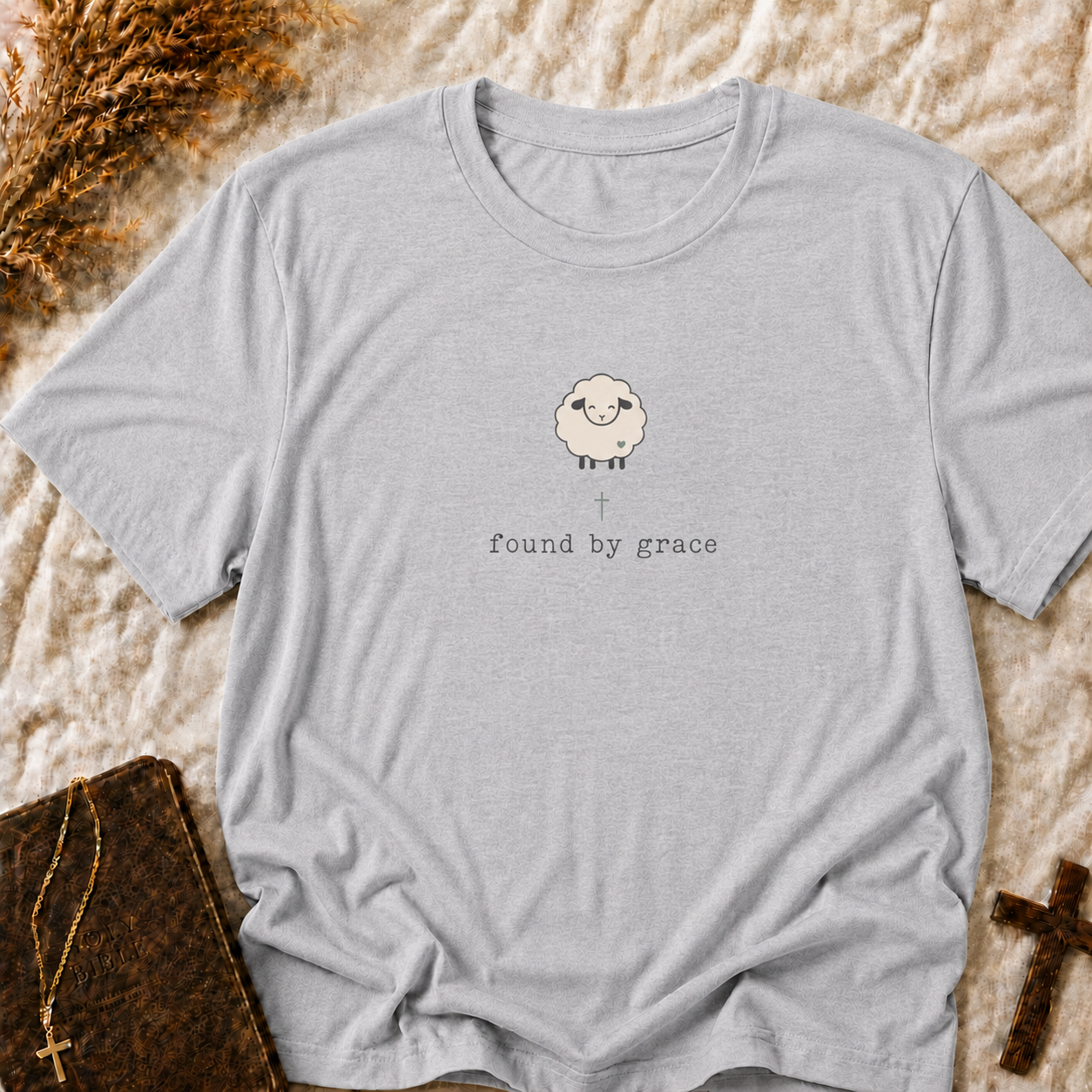Sheep Graphic T-Shirt — "Found by Grace" Cute Farm Animal Tee
