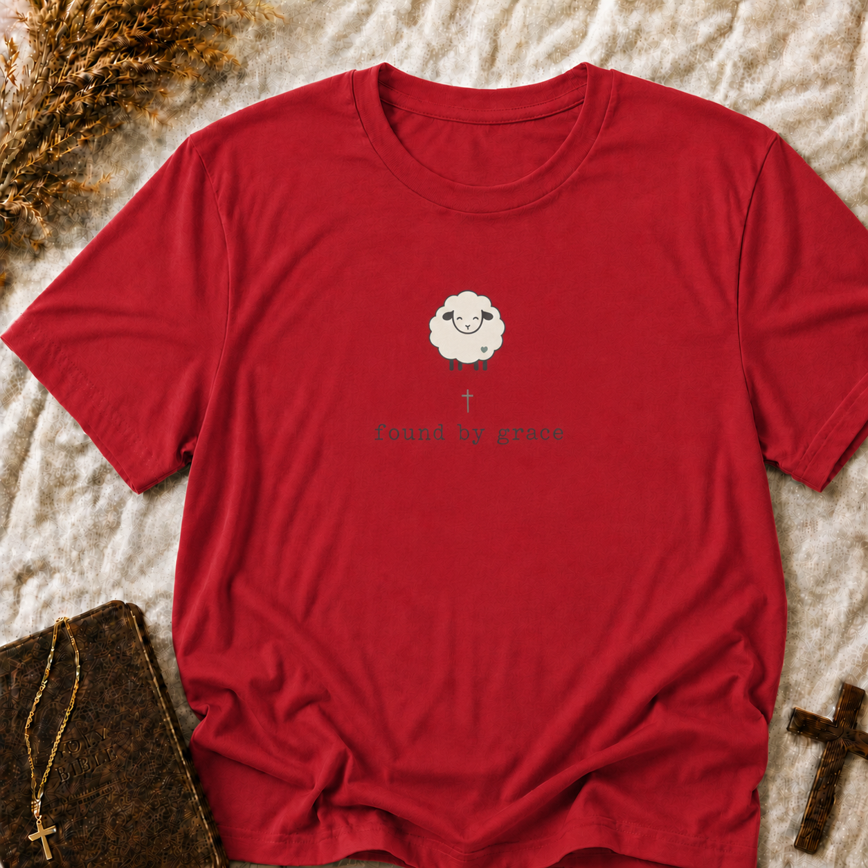 Sheep Graphic T-Shirt — "Found by Grace" Cute Farm Animal Tee