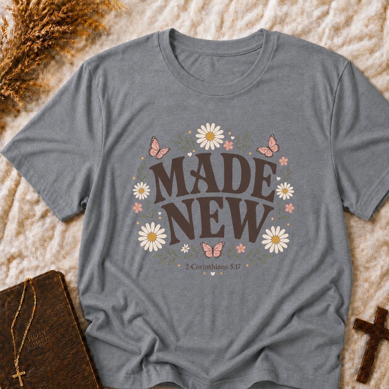 Made New Floral T‑Shirt — Inspirational Daisy & Butterfly Graphic