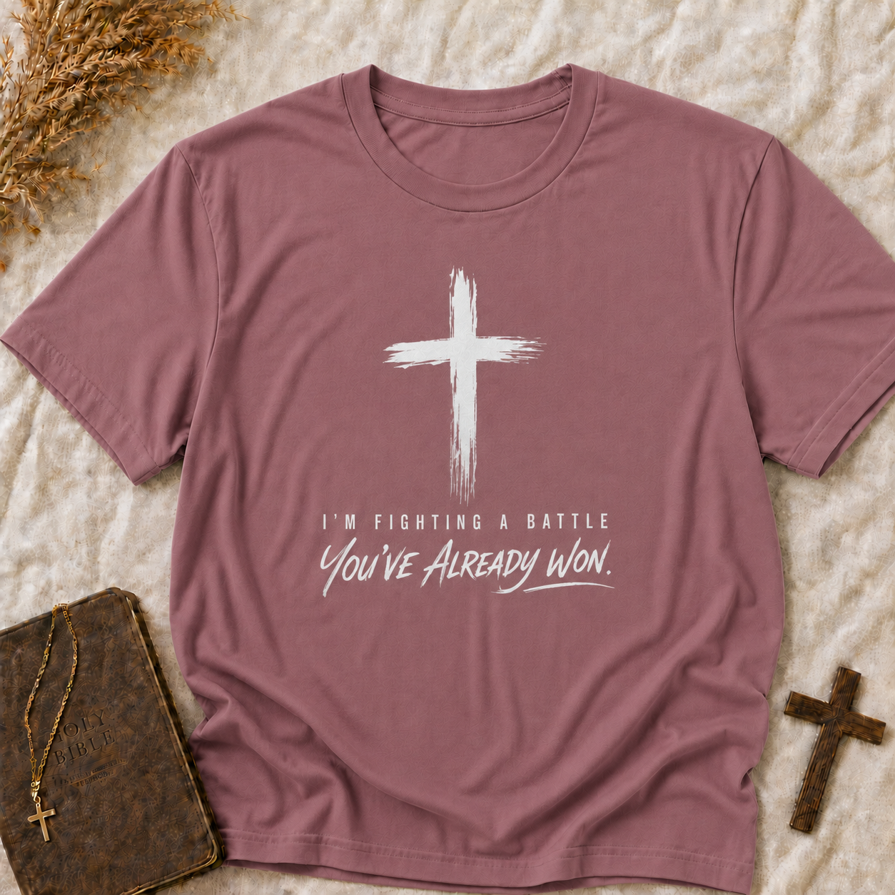 Christian T-Shirt — Brush Cross "You've Already Won" Inspirational Tee (Comfort Colors Shirts)
