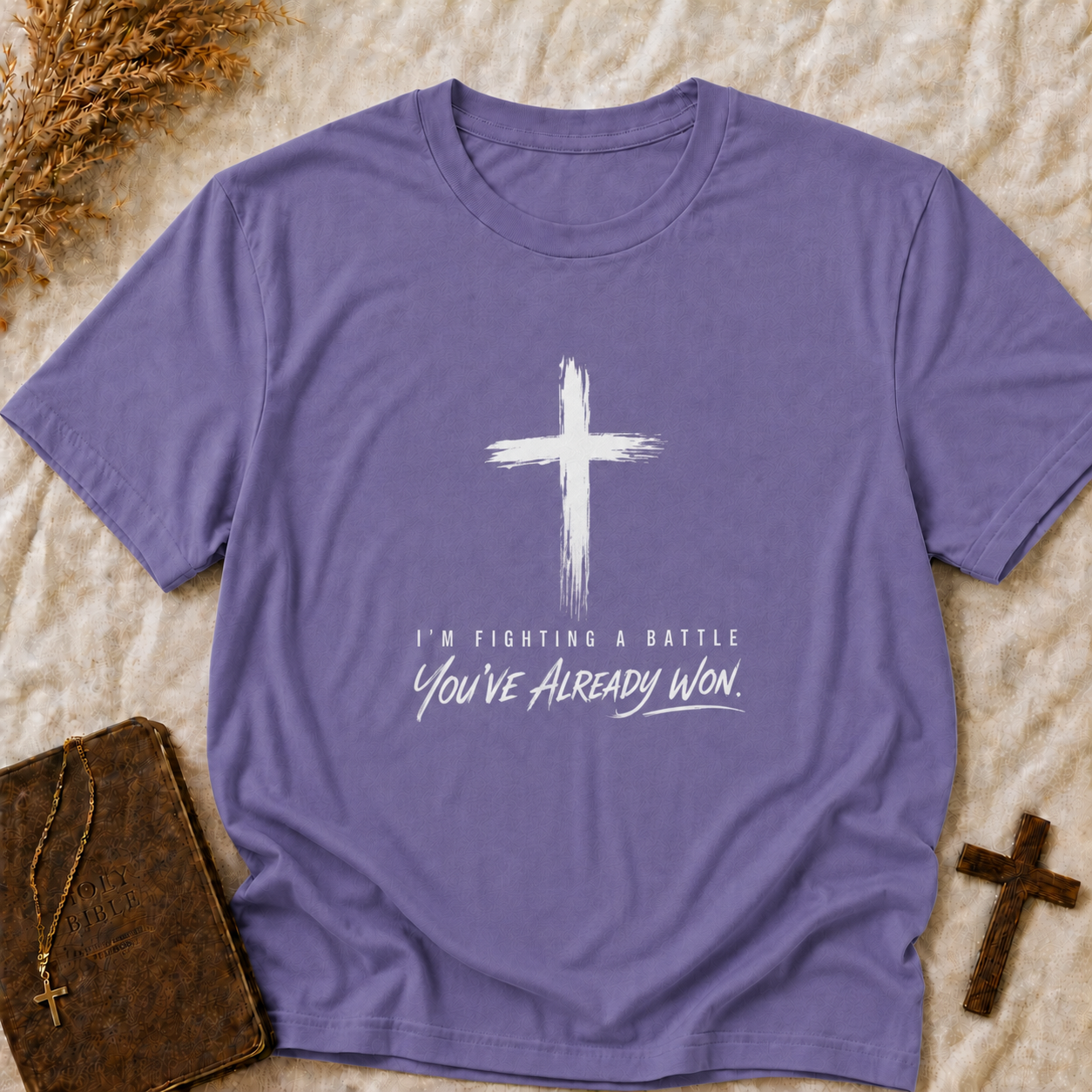 Christian T-Shirt — Brush Cross "You've Already Won" Inspirational Tee (Comfort Colors Shirts)