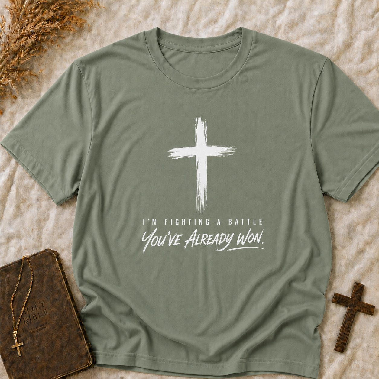 Christian T-Shirt — Brush Cross "You've Already Won" Inspirational Tee (Comfort Colors Shirts)