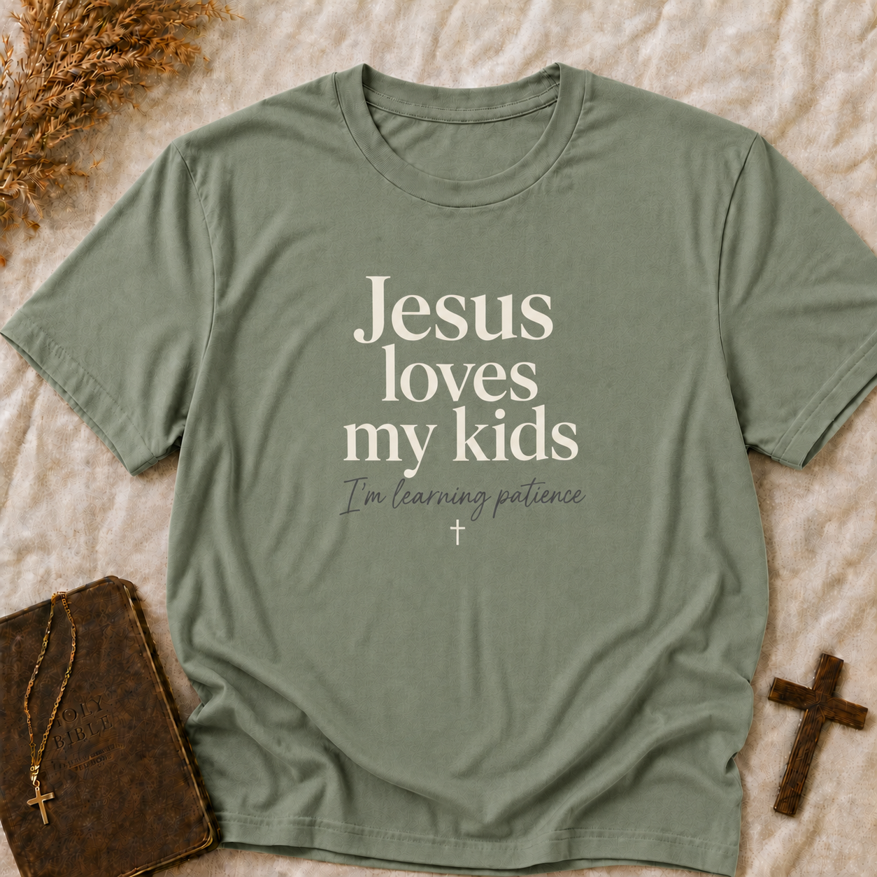 Christian T-Shirt — "Jesus Loves My Kids" Faith Tee for Parents (Comfort Colors Shirt)