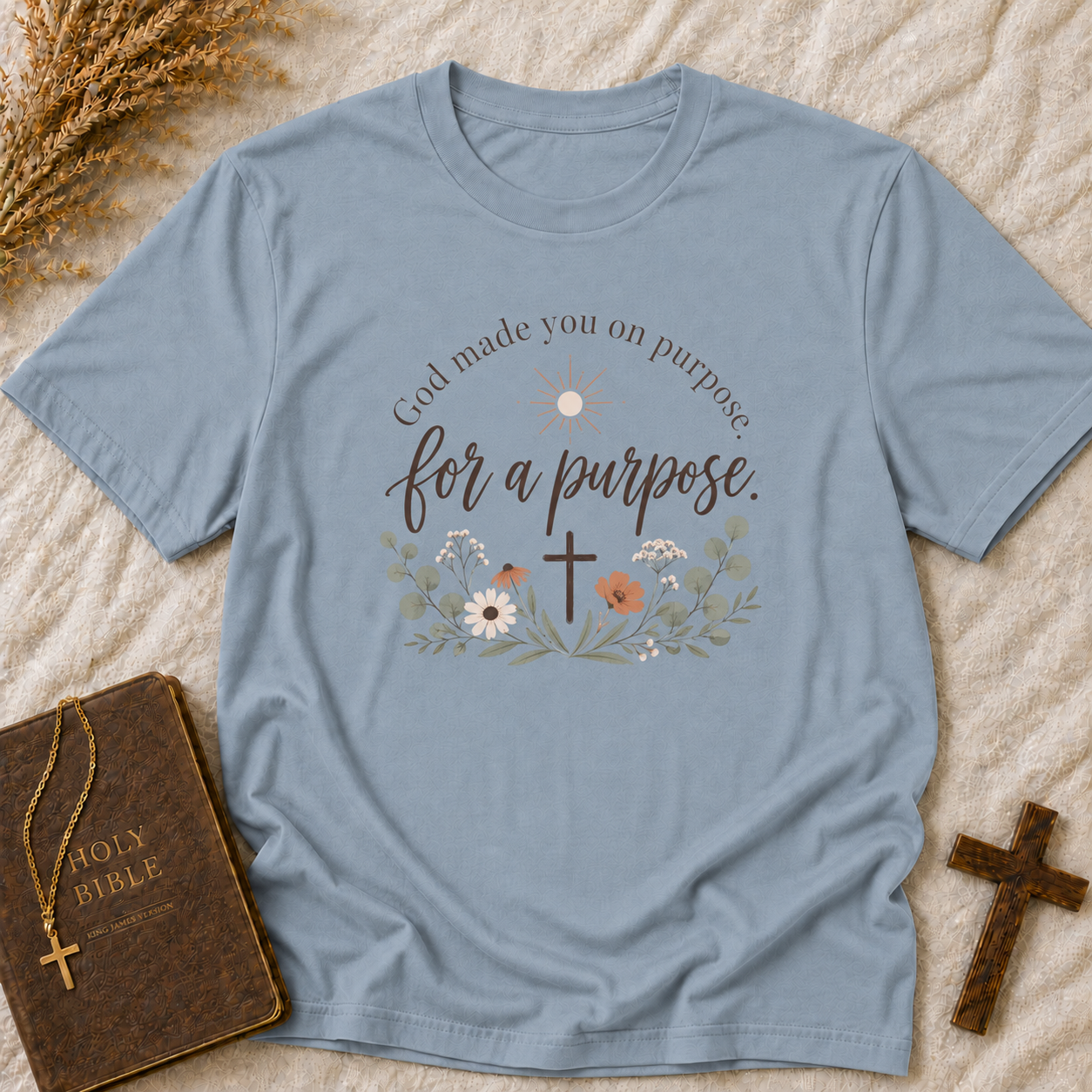 Christian T-Shirt — "God Made You On Purpose" Floral Cross Tee