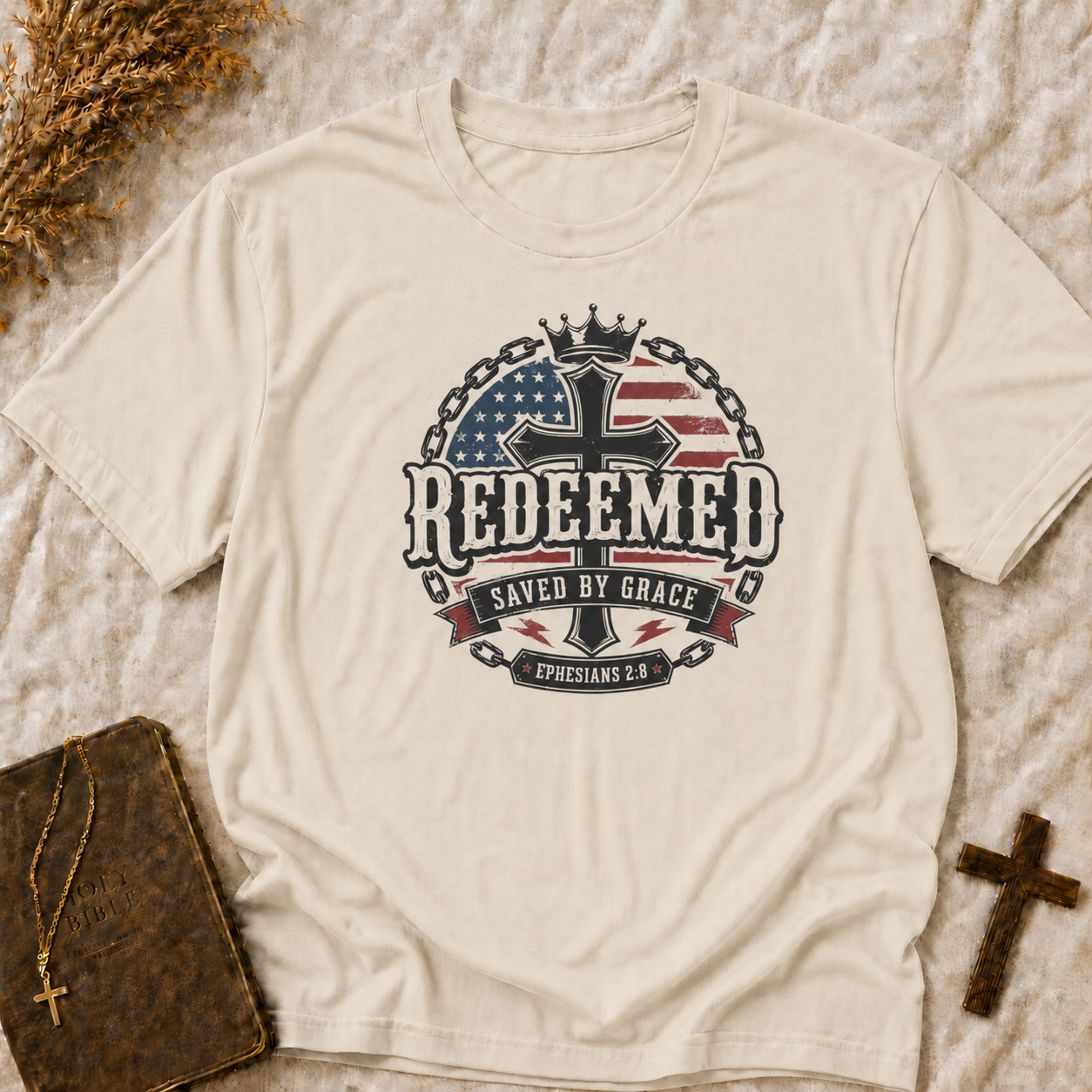 Redeemed Cross T-Shirt – Saved by Grace Christian Tee with American Flag