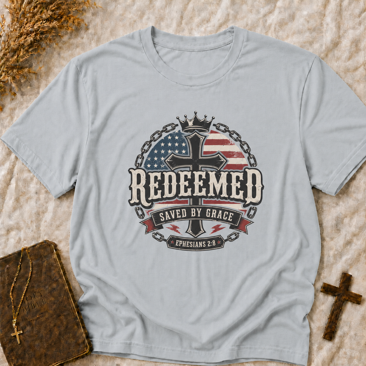 Redeemed Cross T-Shirt – Saved by Grace Christian Tee with American Flag