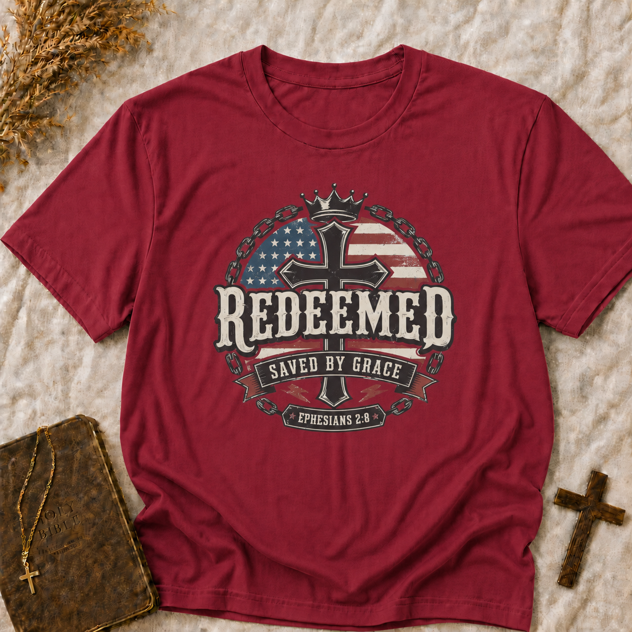 Redeemed Cross T-Shirt – Saved by Grace Christian Tee with American Flag