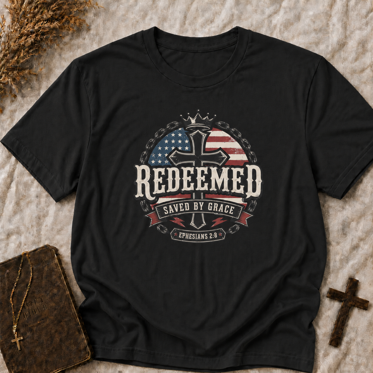 Redeemed Cross T-Shirt – Saved by Grace Christian Tee with American Flag