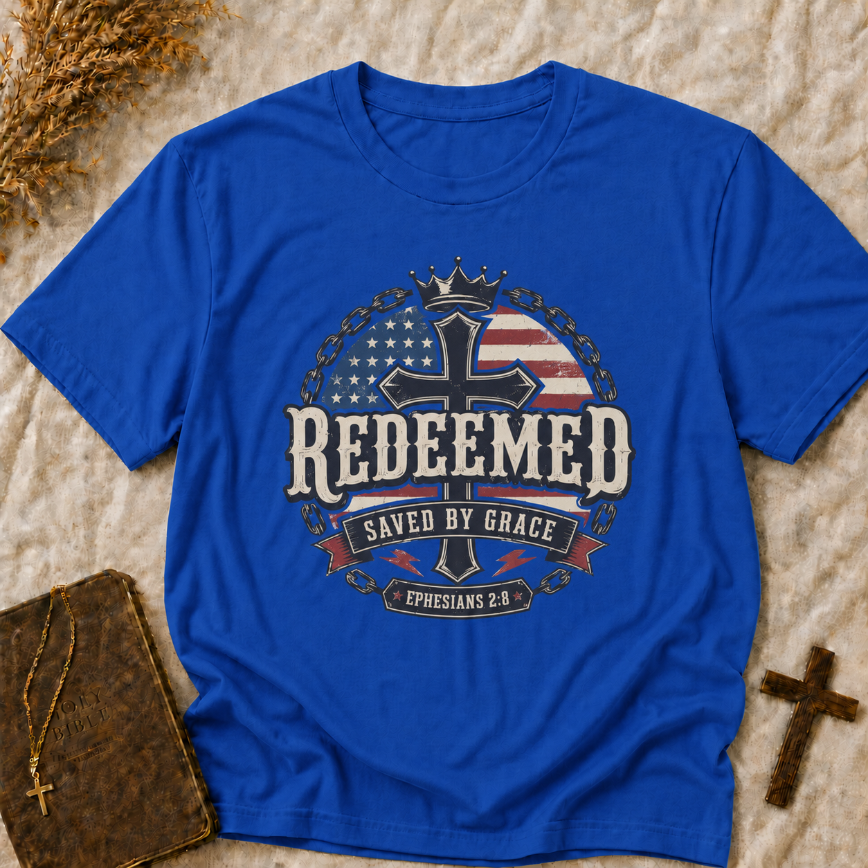 Redeemed Cross T-Shirt – Saved by Grace Christian Tee with American Flag