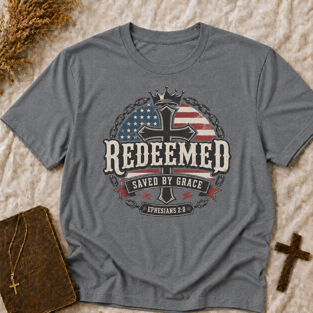 Redeemed Cross T-Shirt – Saved by Grace Christian Tee with American Flag