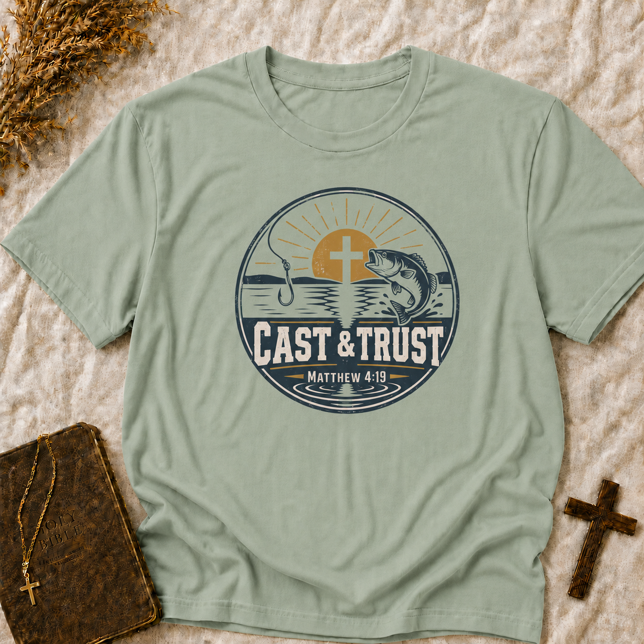 Cast & Trust Fishing T-Shirt — Christian Faith Angler Tee (Matthew 4:19)