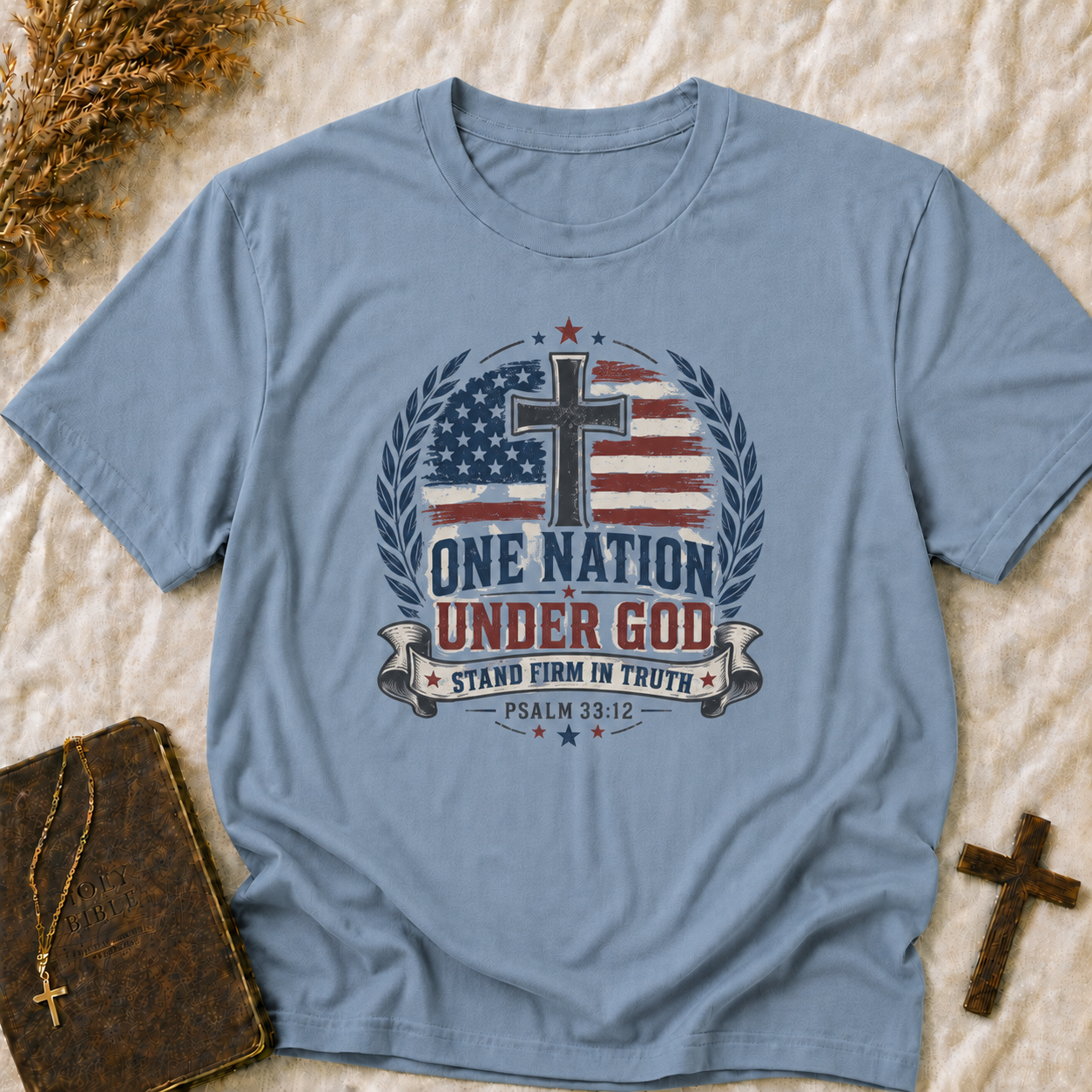 One Nation Under God T-Shirt — Patriotic American Flag Cross Tee