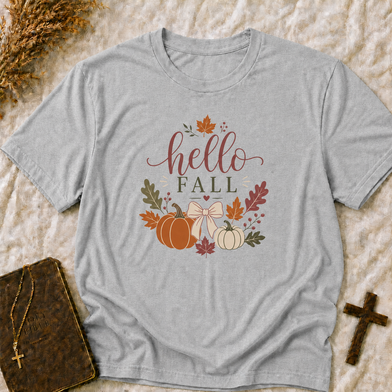 Hello Fall T-Shirt - Autumn Leaves & Pumpkins Cozy Tee