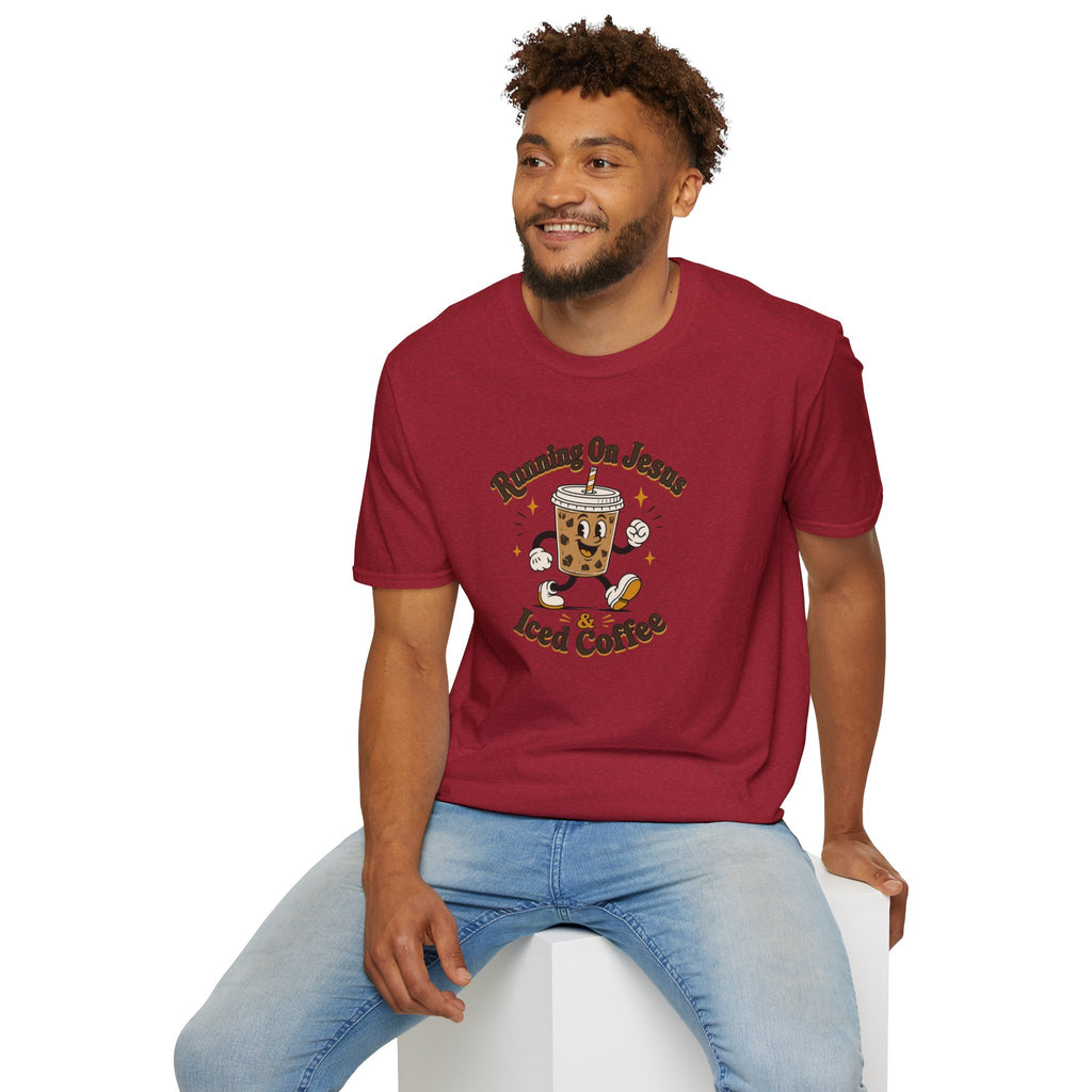 Iced Coffee Faith T-Shirt — "Running On Jesus, Iced Coffee" Cute Cartoon Drink Tee