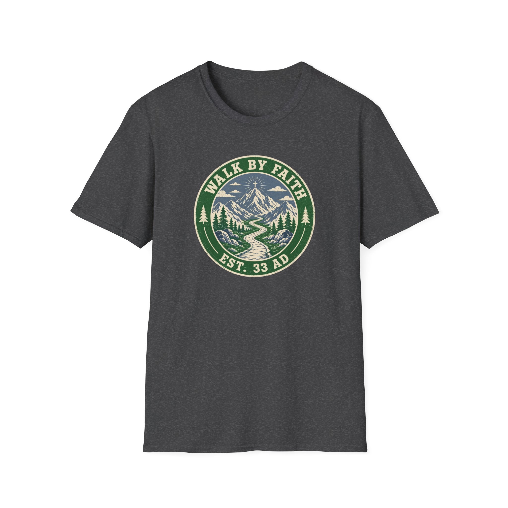 Walk By Faith Mountain T-Shirt — "Walk By Faith Est. 33 AD" Christian Outdoor Tee