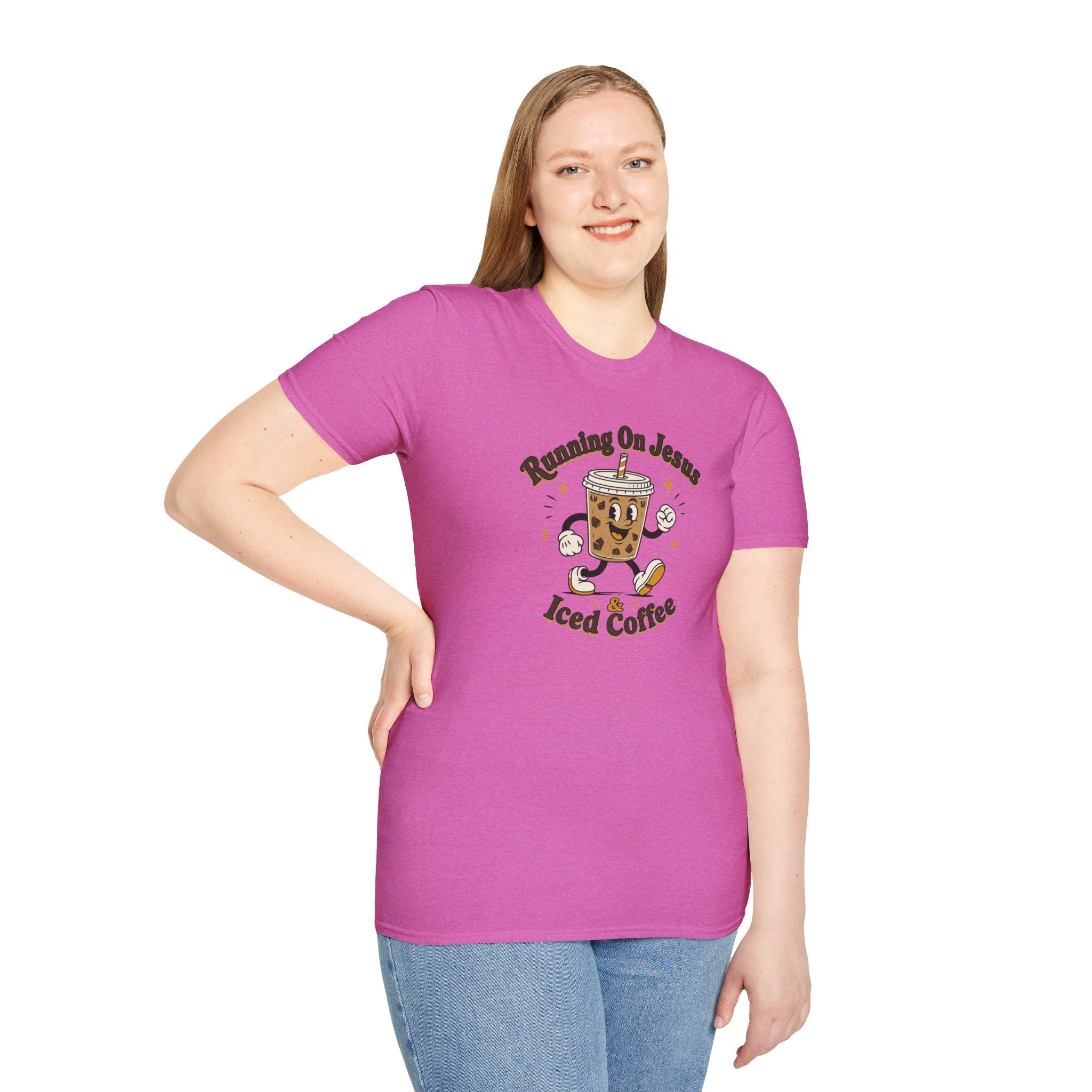 Iced Coffee Faith T-Shirt — "Running On Jesus, Iced Coffee" Cute Cartoon Drink Tee