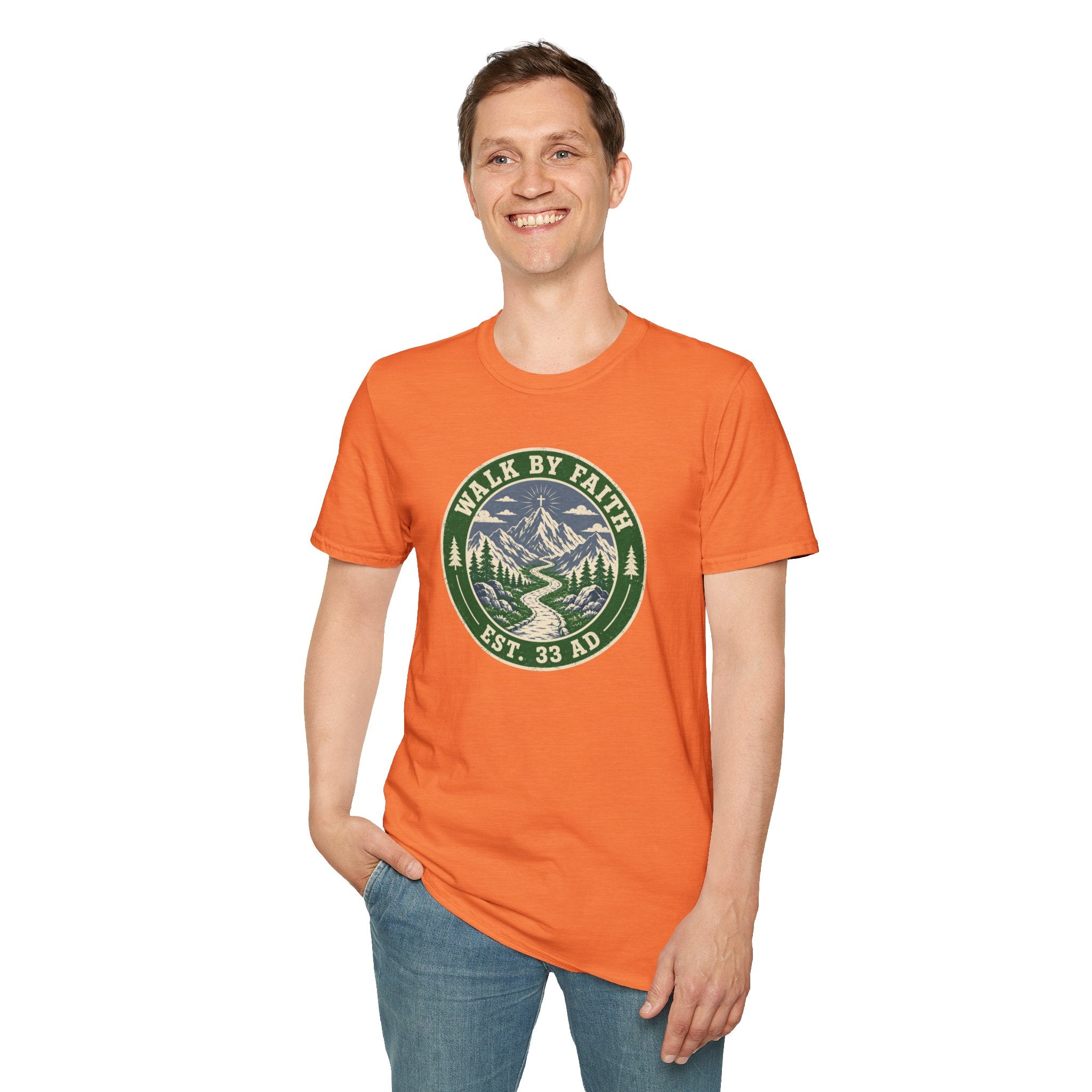 Walk By Faith Mountain T-Shirt — "Walk By Faith Est. 33 AD" Christian Outdoor Tee