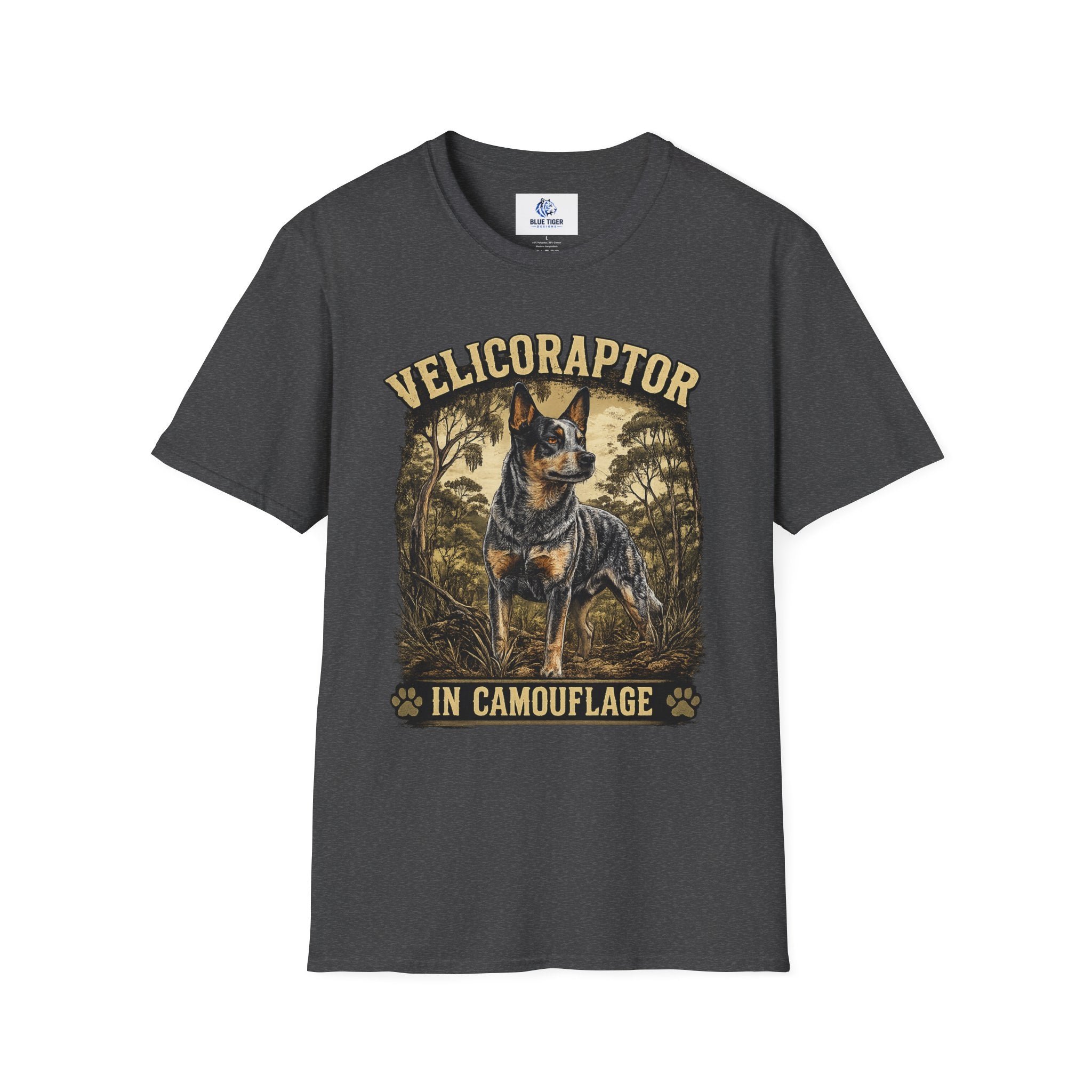 Velicoraptor in Camouflage T-Shirt — Vintage  Blue Heeler Dog Tee