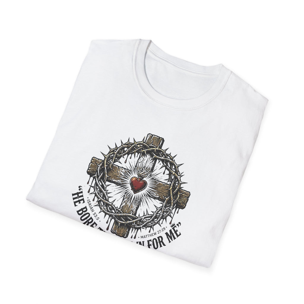 Christian Cross T-Shirt — "He Bore the Crown for Me" Sacred Heart Design