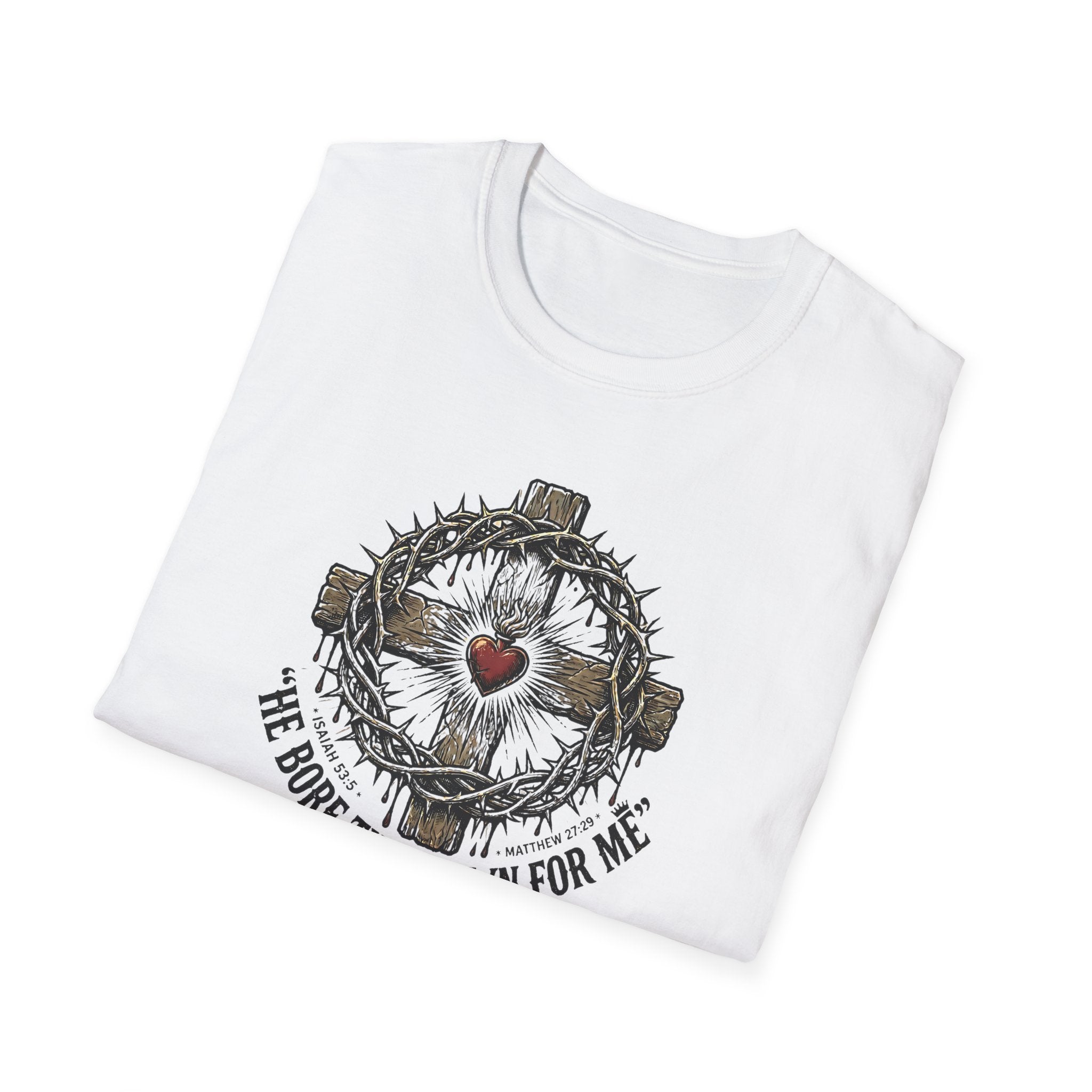 Christian Cross T-Shirt — "He Bore the Crown for Me" Sacred Heart Design