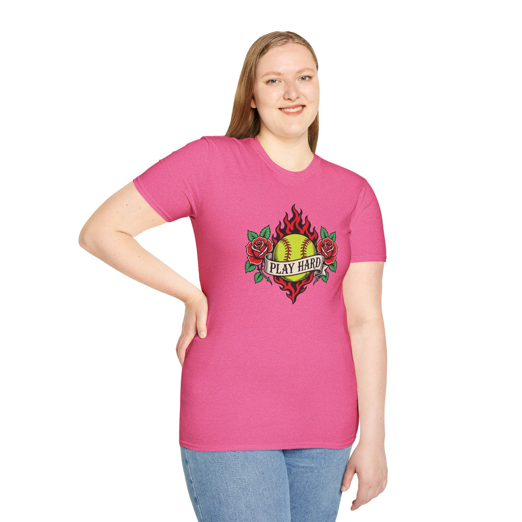 Softball 'Play Hard' Tattoo-Style T-Shirt