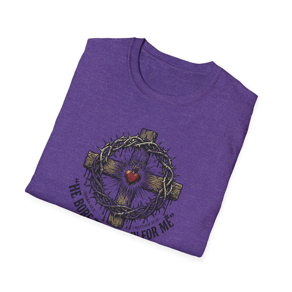 Christian Cross T-Shirt — "He Bore the Crown for Me" Sacred Heart Design