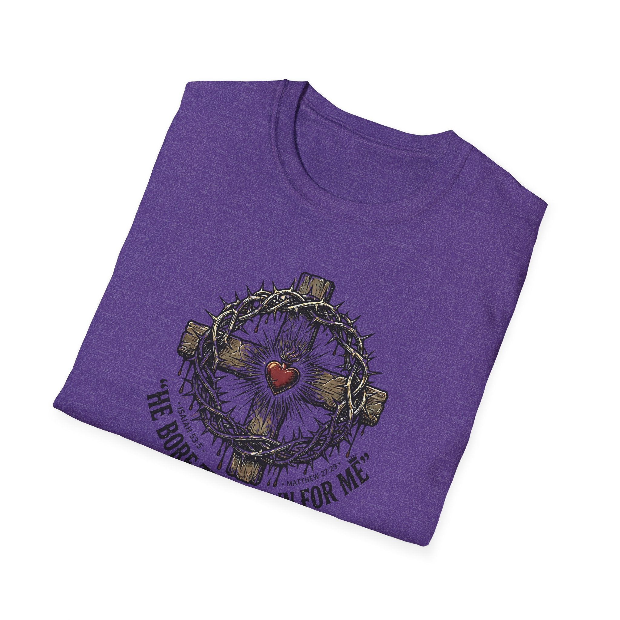 Christian Cross T-Shirt — "He Bore the Crown for Me" Sacred Heart Design