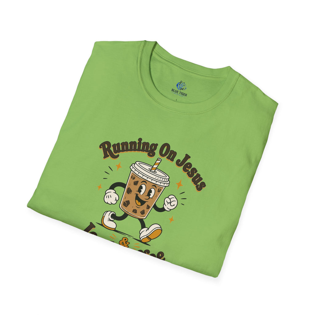 Iced Coffee Faith T-Shirt — "Running On Jesus, Iced Coffee" Cute Cartoon Drink Tee